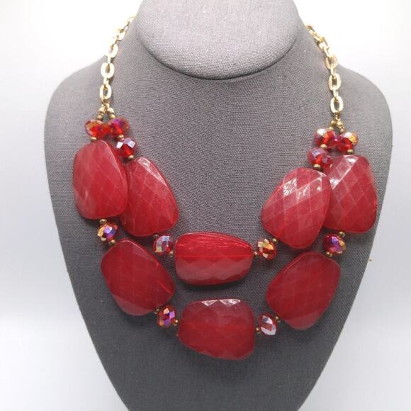 Red Large Bead Red Crystal Statement Necklace, Two Strands, 19 Inches - Picture 2 of 9
